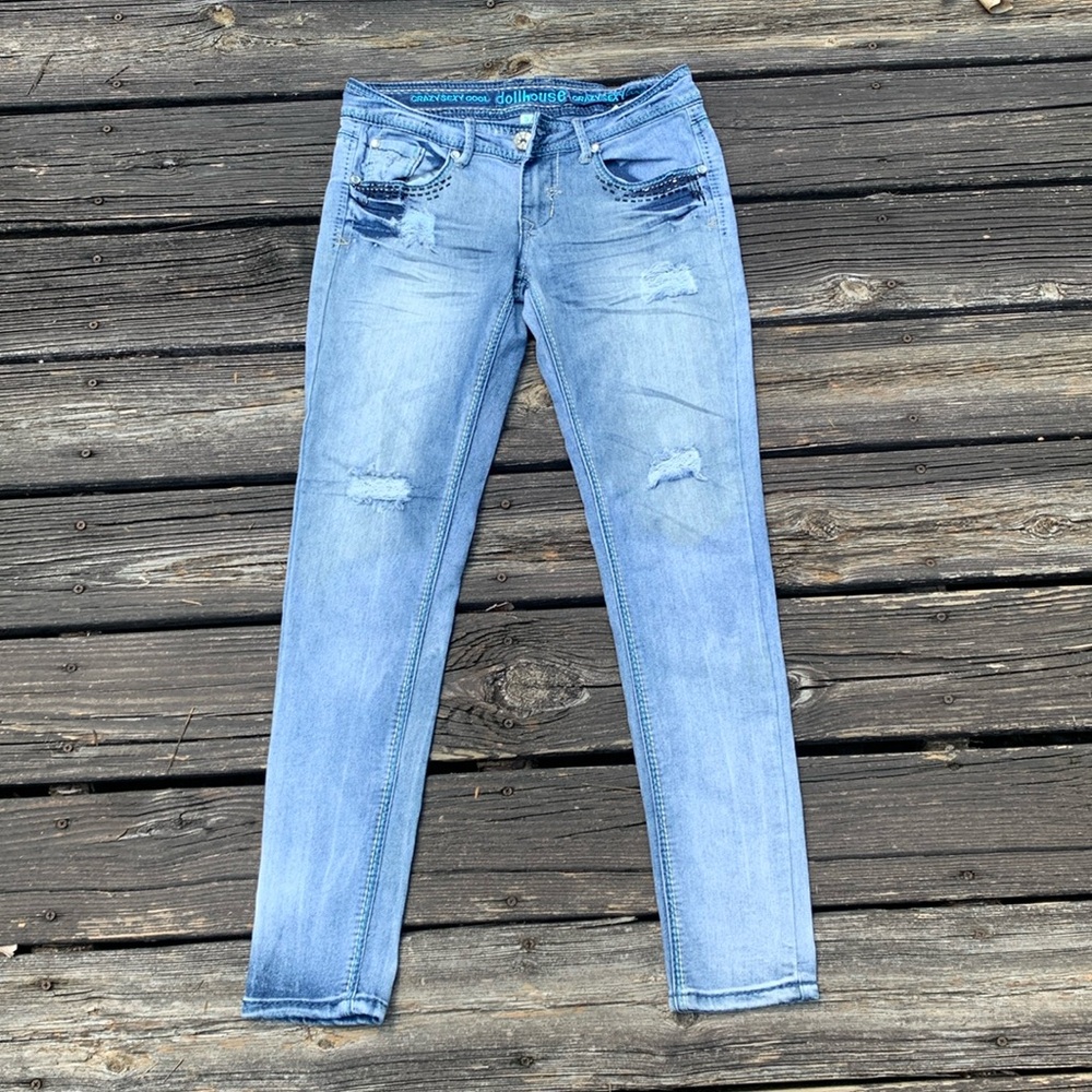 Dollhouse size 5 skinny, sequenced, distressed blue jeans